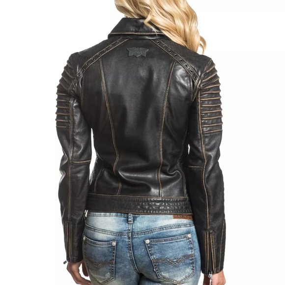 AFFLICTION Leather TRUE DESTINY WOMEN'S JACKET Bla - Picture 2 of 12